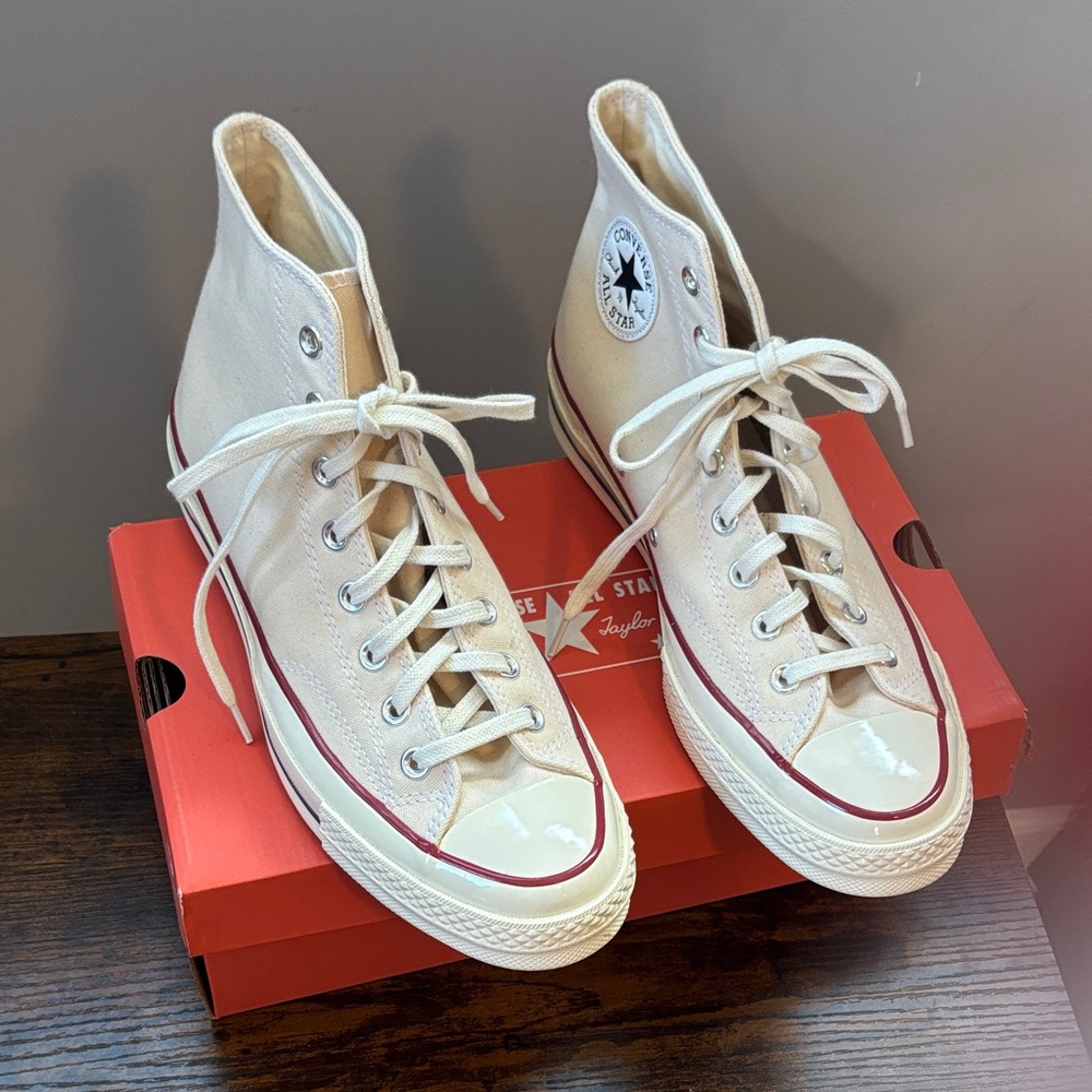 Converse High Top Canvas Sneakers - Cream with Red Accent